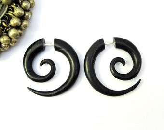 Earrings Fake Gauge Black Wood Earrings Spiral Tribal Earrings - Gauges Plugs Bone Horn - FG009 DW G1