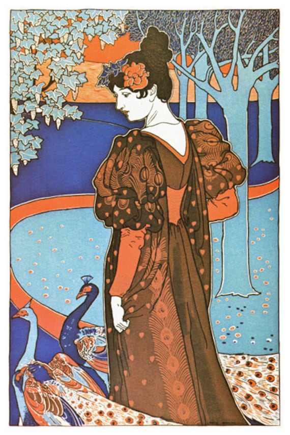 ART NOUVEAU Print of Woman with Peacocks from a Lithograph by