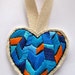 Chevron heart ornament in blues and orange, handmade embroidered