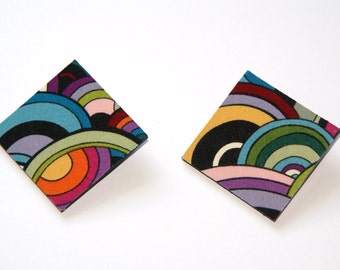 Large Stud Earrings - Fabric Covered Wood Earrings