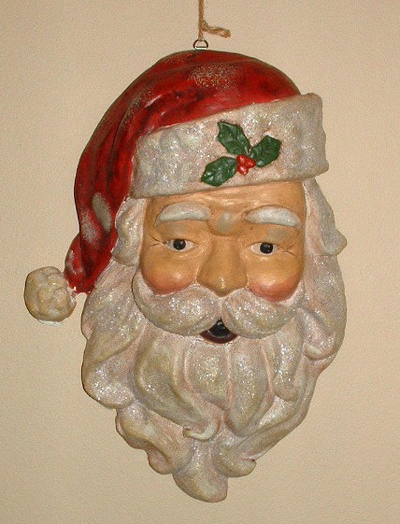 Hanging Paper Mache SANTA CLAUS Face With Glitter Vintage Old