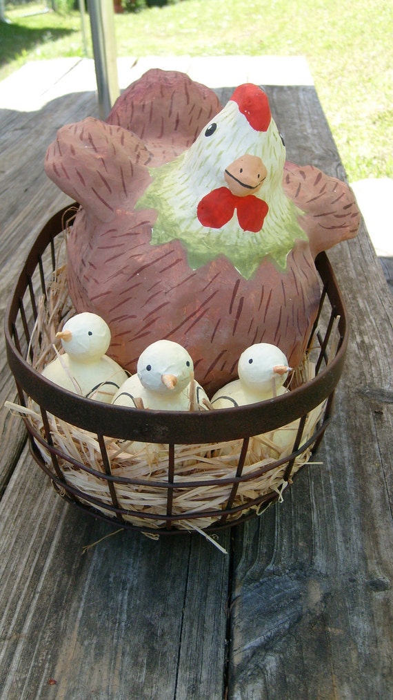 Paper Mache Hen on Nest Nesting Chicken with by MountainThyme1