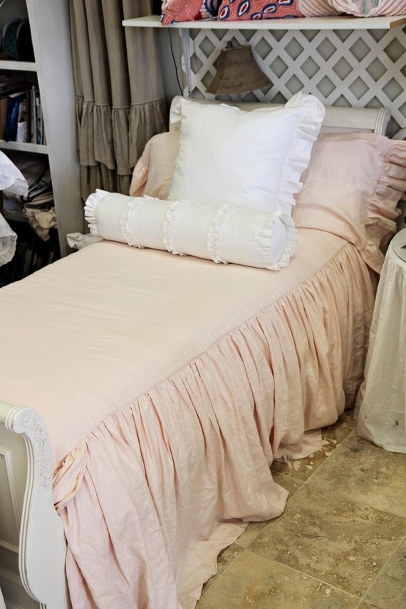 Pale Pink Linen Twin Ruffled Bedspread with Euro by ldlinens