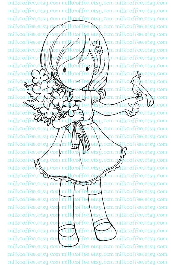 Digital Stamp Charlotte with Flower and Bird