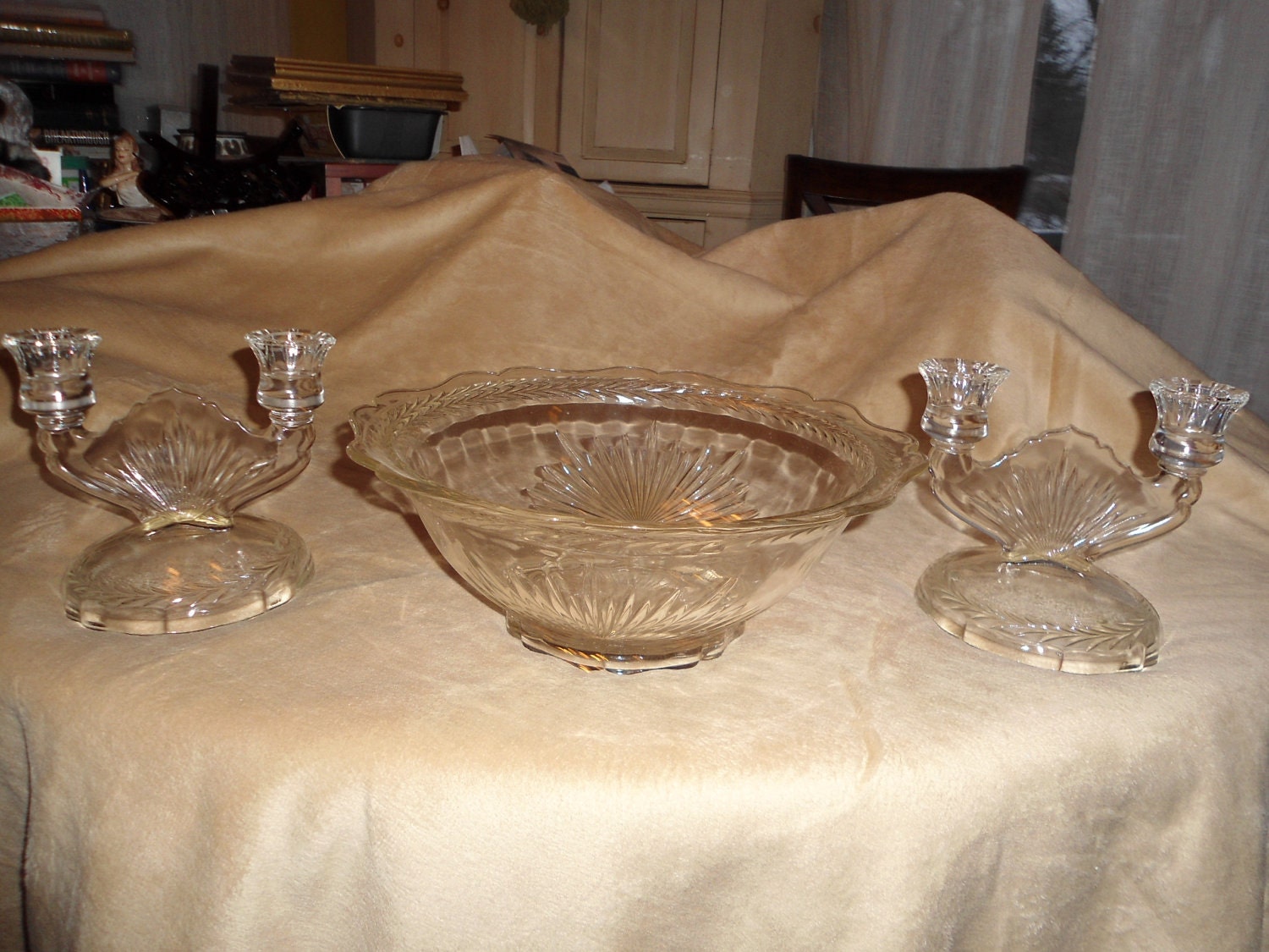 Art Deco Candelabras and Center Bowl Clear Depression Glass