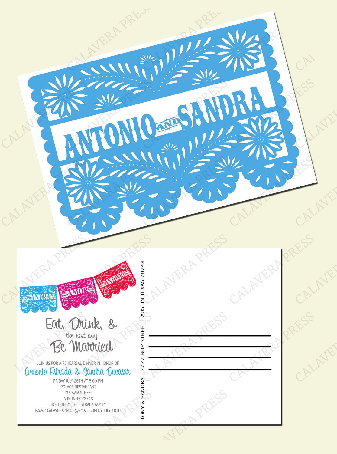 Papel Picado Postcard Wedding Rehearsal Dinner Save the