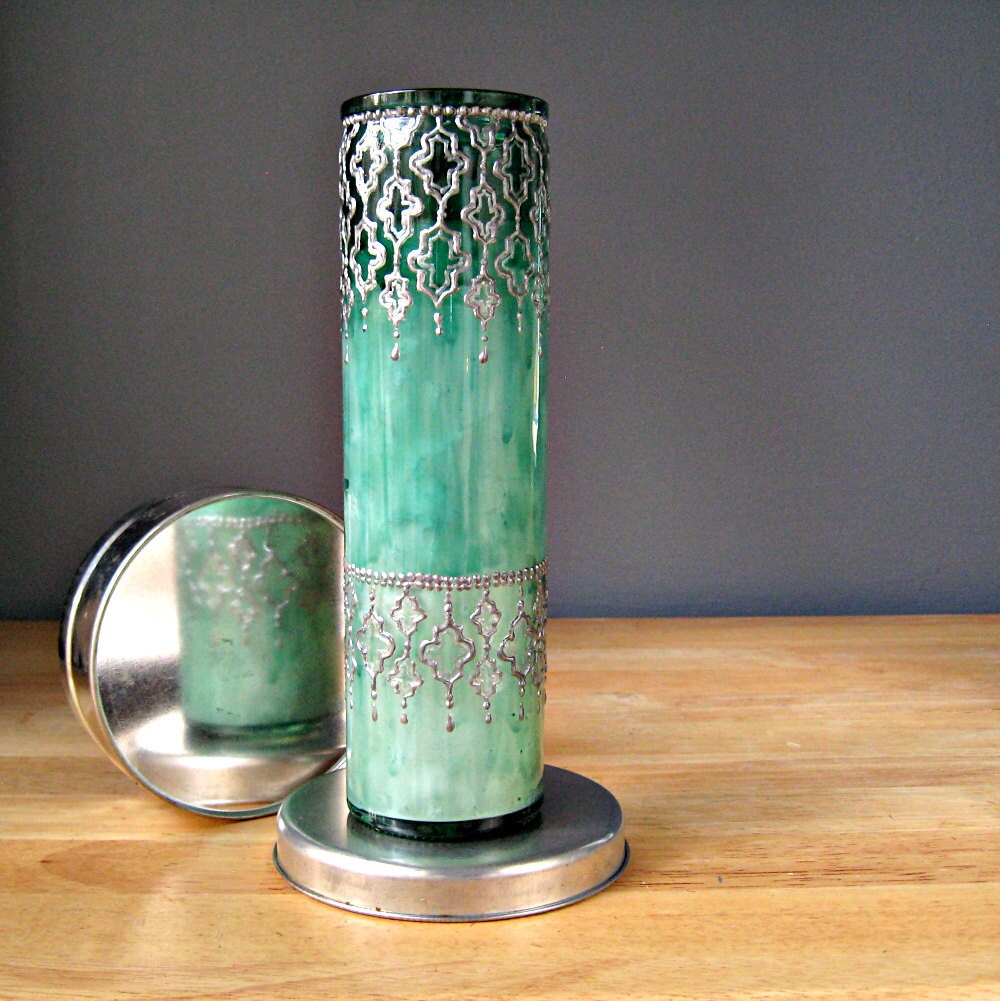 Tall Container Candle in Hand Painted Green Glass by LITdecor