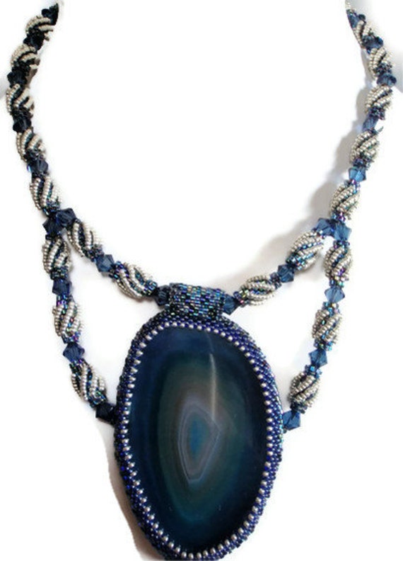 Navy blue silver necklace semi-precious agate with Swarovski crystals ...