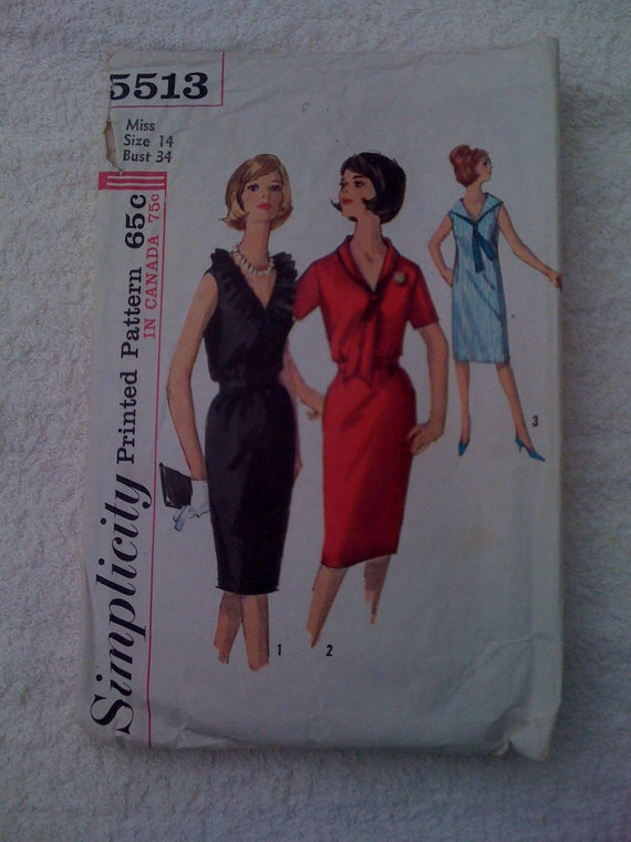 Simplicity Sewiing Pattern 5513 Misses One Piece Dress Size 14 Vintage 60s Sale