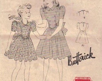 Butterick 1930s Sewing Pattern 1004 Girls Day Party Dress Full Skirt Back Bow Puff Sleeves High Neck Ruffle Trim V Shaped Bodice Bust 24