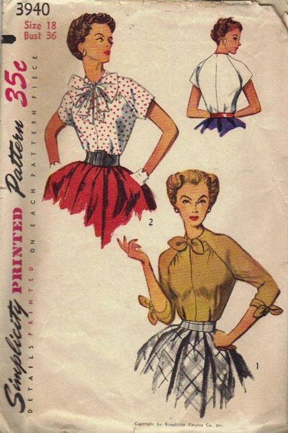 knot pattern dress front Top Neck Sewing Short Blouse Simplicity Pattern Raglan 1950s Bow