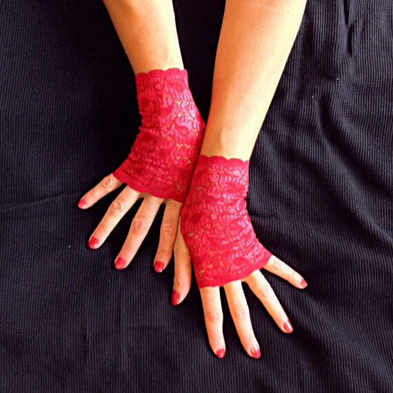 Red Lace Gloves Cherry Red Stretch Lace Fingerless Gloves