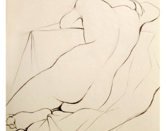 Charcoal Pencil Nude Drawing of a Woman Sleeping, Art Archival Giclee Print - Whisper, 8"x10".