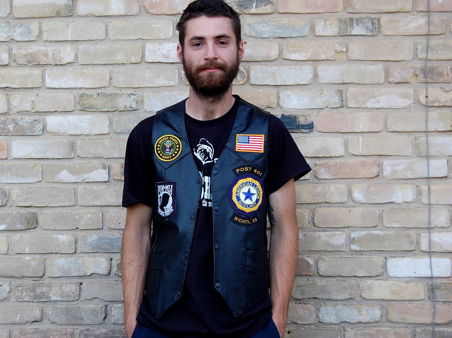 Biker Vest Black Leather with U.S. Army Navy Marine and