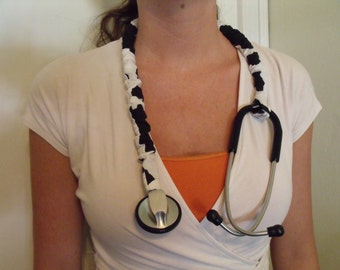 Stethoscope Cover Scrunchie Black COW SPOTS Bovine Fits Single or Double Protect bare neck & Tubing Handmade USA Wash Reuse Vet Doc Nurse