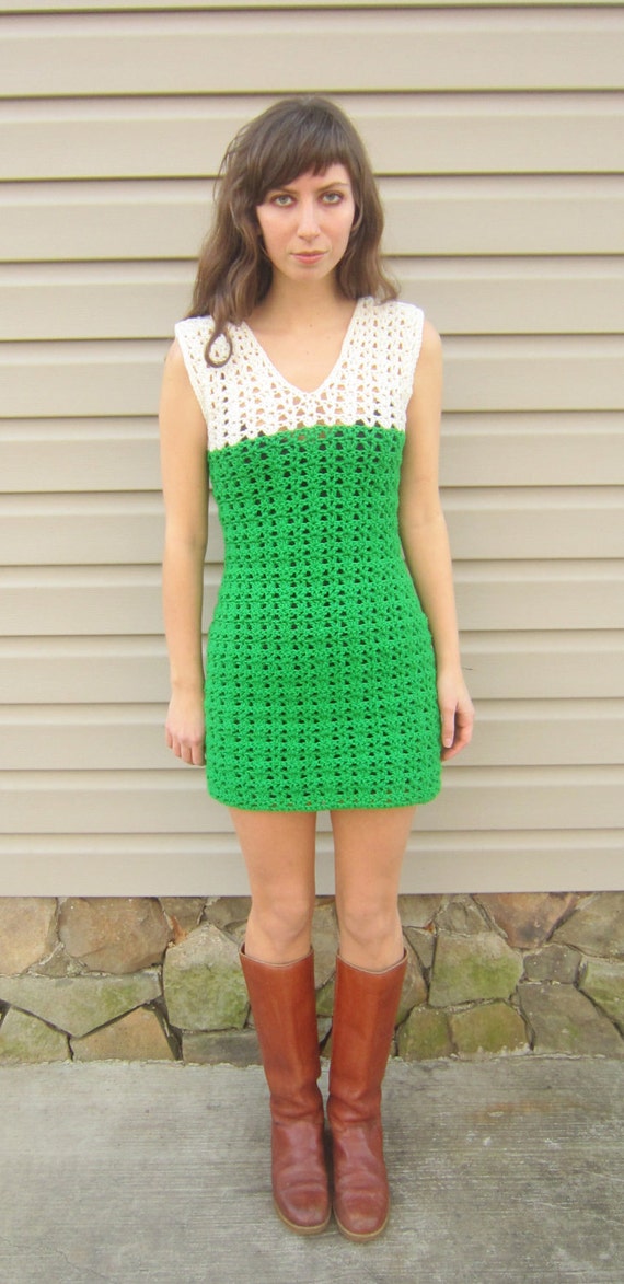 Items similar to crochet dress, green and white, vintage style, go go