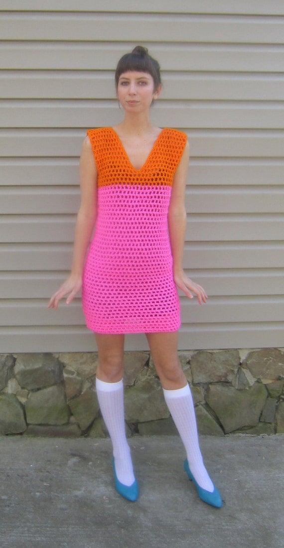 Items similar to Neon crochet dress, bright hot pink and hot orange