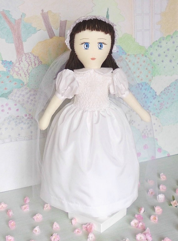 Collection stuffed doll Lucìa (Lucy / Lucie), handmade, with her original First Holy Communion dress, about 16.5 inches (42 cm) tall