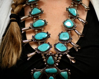 Vintage Necklace - Vintage Navajo Large Sterling Silver and Turquoise Squash Blossom Necklace