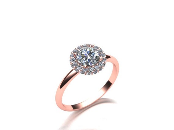 Double Halo Diamond Engagement Ring 14K Rose Gold Customizable