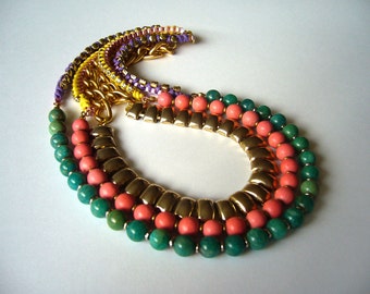 Gemstone Multi Strand Beaded Bib Necklace, Pink howlite beads, Russian amazonite beads, Rhinestone cup chain
