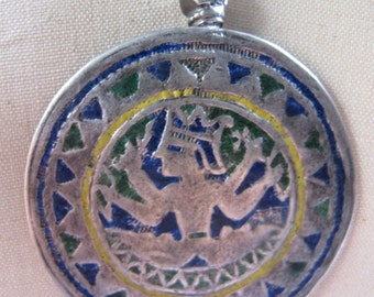 Antique Indian Enamel Silver Tribal Shiva Amulet on Silver Chain and Leather with Antique Indian Beads