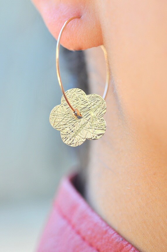 Gold earrings Golden flower earrings. Gold Hoops by JulJewelry