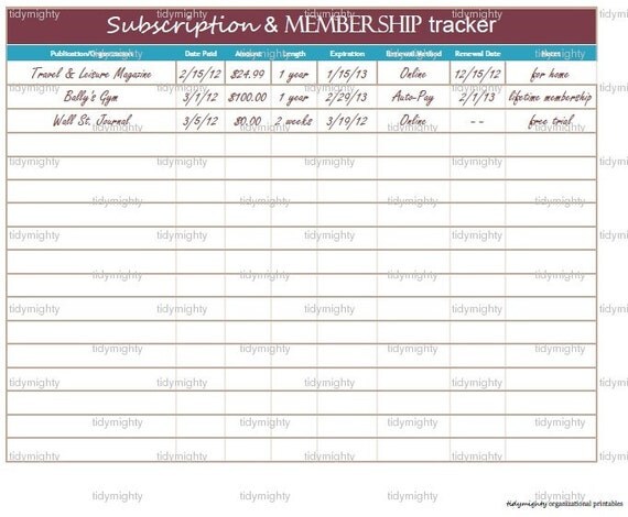 Subscription Membership Tracker Organizer By Tidymighty