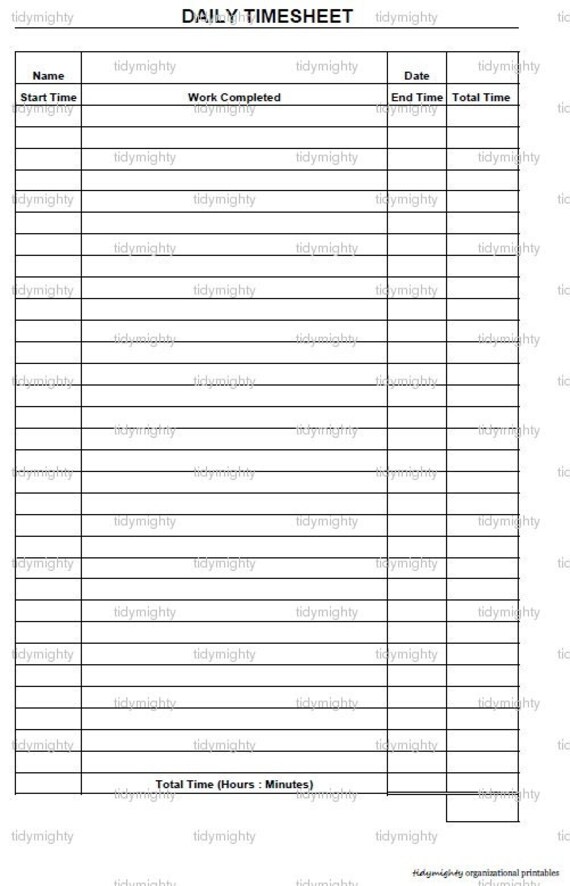 Daily Time Sheet Tracker Printable PDF INSTANT By Tidymighty
