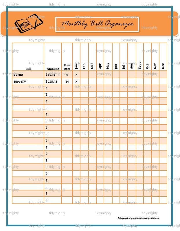 Monthly Bill Organizer / Tracker Printable PDF by tidymighty