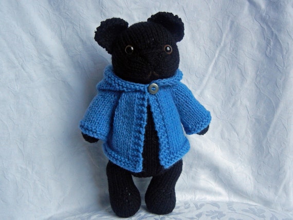 Knitted Black Pug Puppy Dog Toy with Blue Hoodie