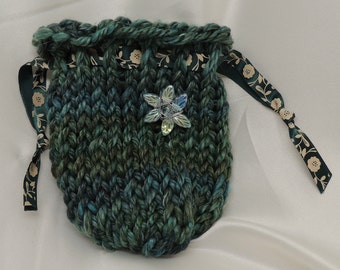 Blue Green Loom Knit Bag Drawstring Bag