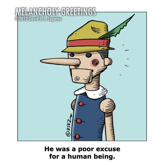 Items similar to Melancholy Greetings Pinocchio funny greeting card (blank inside) on Etsy