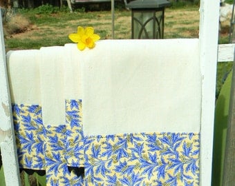 Kitchen Towels Handmade Cotton Muslin Kitchen Dish Towels with Blue Leafs and Yellow Flowers Country Chic