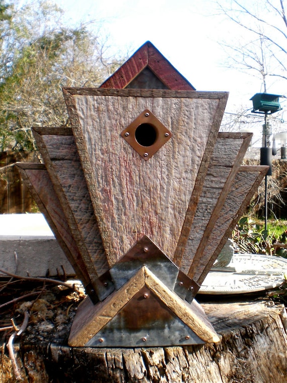 Art Deco Birdhouse Made from Vintage Barn Wood and Metal