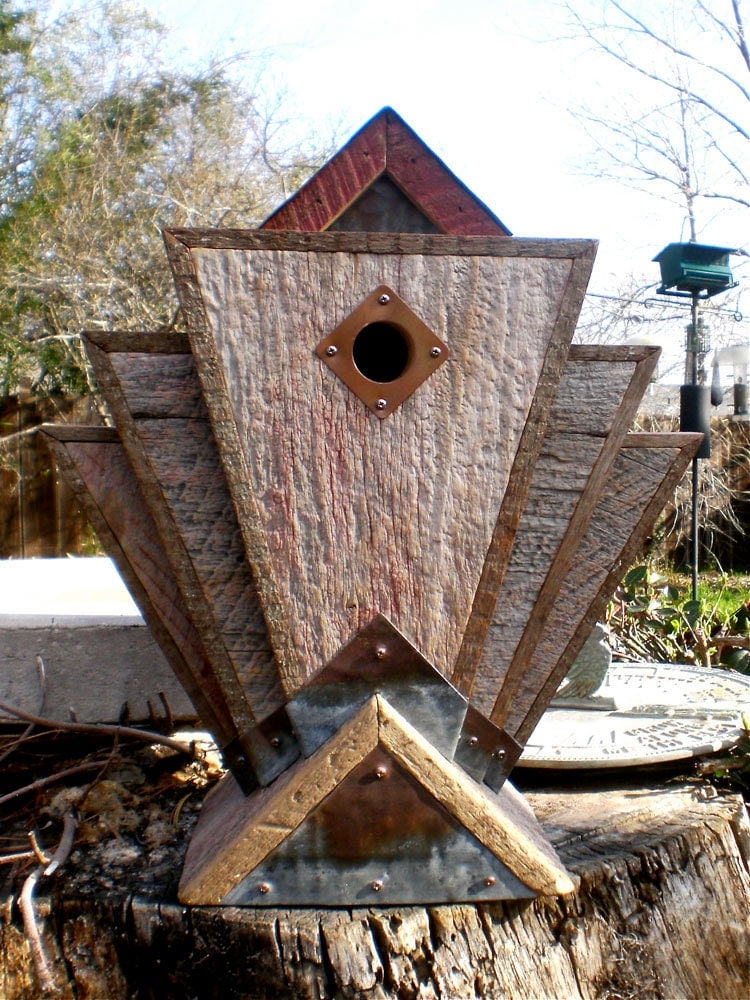 Art Deco Birdhouse Made from Vintage Barn Wood and Metal