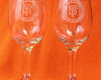 Pair of San Francisco Giants hand etched wine glasses Made in USA