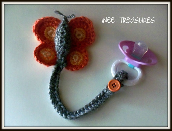Items similar to Butterfly Crochet Pacifier Holder on Etsy