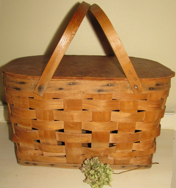 Vintage Split Wood Picnic Basket with Handles