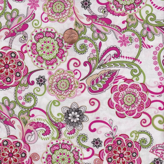 Items similar to Designer Fabric By the Yard Pink Green and White ...