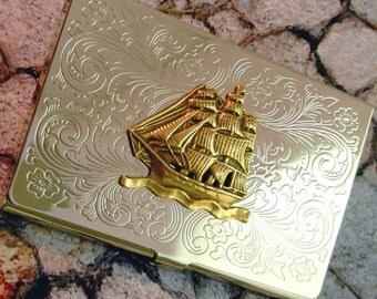 Ship Business Card Case Nautical Pirate Holder Silver Metal Wallet
