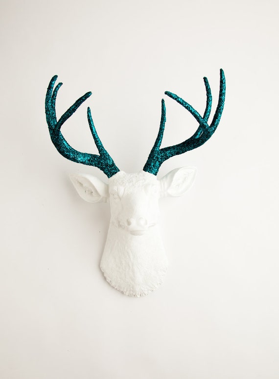 Faux Taxidermied - The Jackson - White W/ Turquoise Glitter Antlers ...