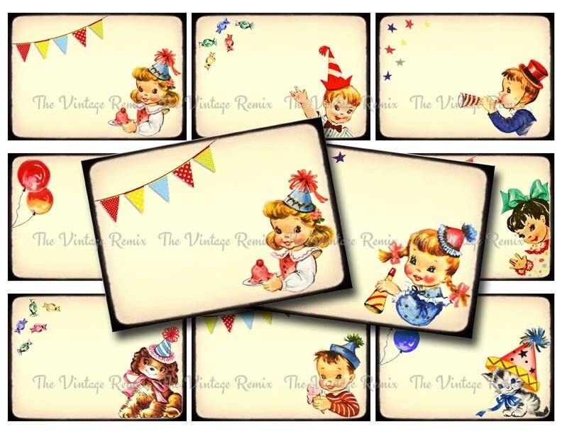 vintage birthday party digital collage sheet name tags place