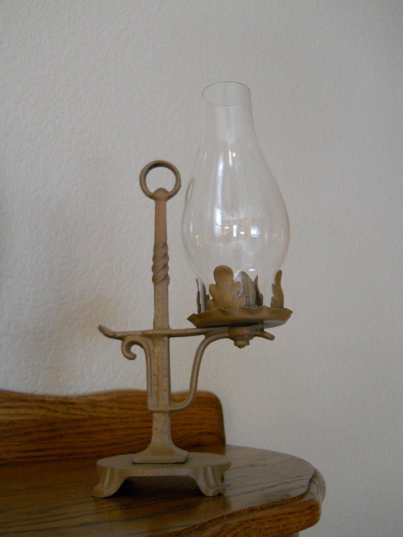 Items similar to Vintage cast iron candle holder with glass lamp shade
