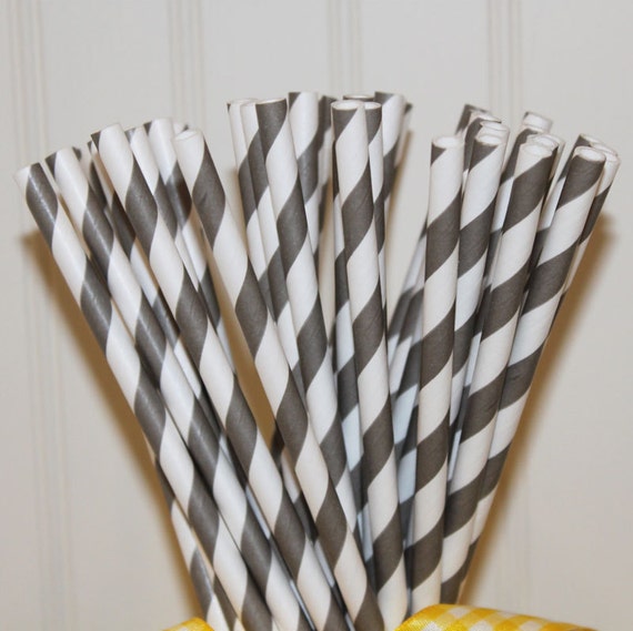 Paper Straws, 50 Grey Striped Paper Straws and CUSTOM Flags by Lola - Party, Wedding, Events Il_570xn
