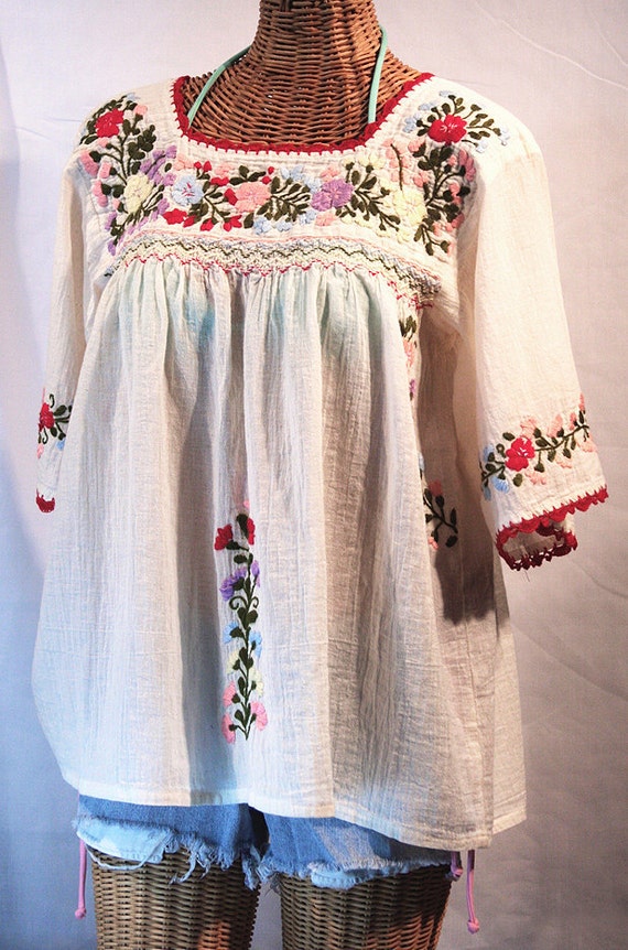 Mexican Peasant Blouse Top Hand Embroidered: La