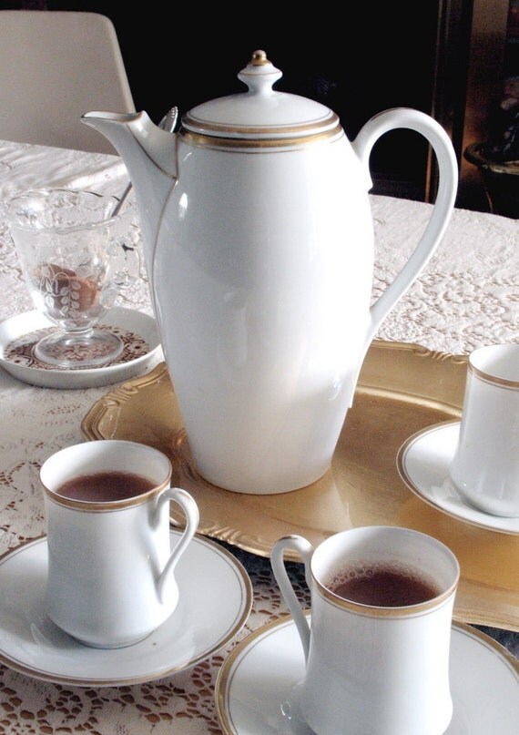 Hot Chocolate Set / Vintage Eggshell China / Chocolate Pot & 3