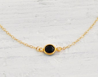 Gold black crystal necklace - round jet black gem - delicate gold filled OR Silver necklace - simple jewelry - minimal necklace - Solo jet