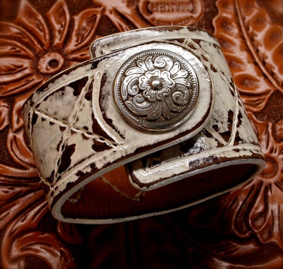 Leather cuff bracelet White washed shabby chic wristband Handmade for YOU in NYC by Freddie Matara