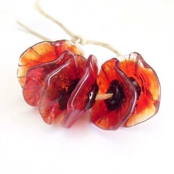 Handmade Lampwork Glass Beads - Poppy Fairy Flowers floral disk flower beads